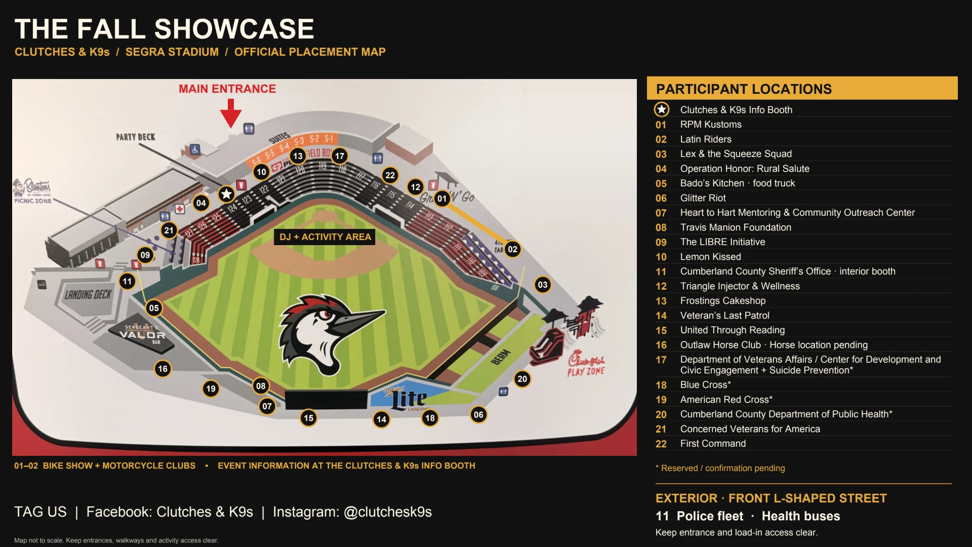 The Fall Showcase official placement map of Segra Stadium with numbered participant locations
