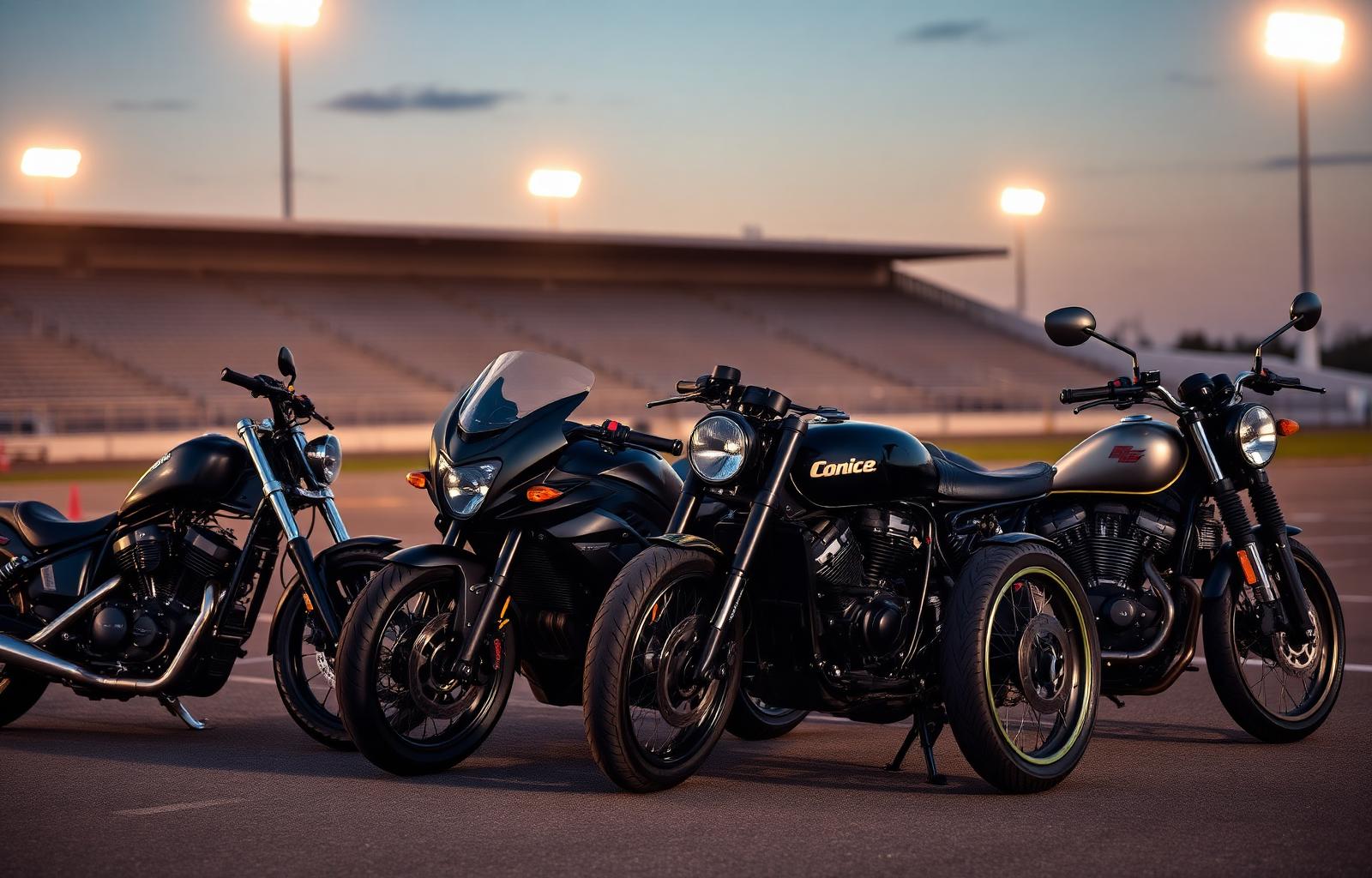 A row of motorcycles outside Segra Stadium at sunset